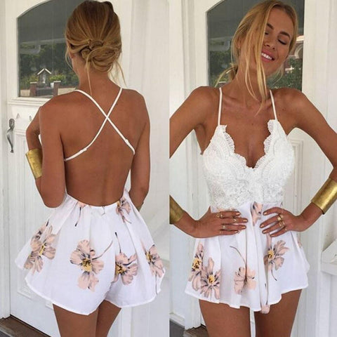 Open Back Flower Print Romper